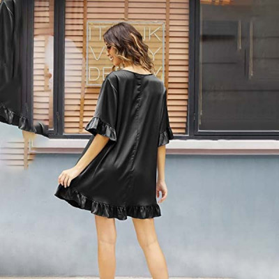 Satin Nightgown Women V Neck Silk Sleepwear 3/4 Sleeve Nightshirt Loose Smooth Loungwear S-XXL