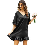 Satin Nightgown Women V Neck Silk Sleepwear 3/4 Sleeve Nightshirt Loose Smooth Loungwear S-XXL