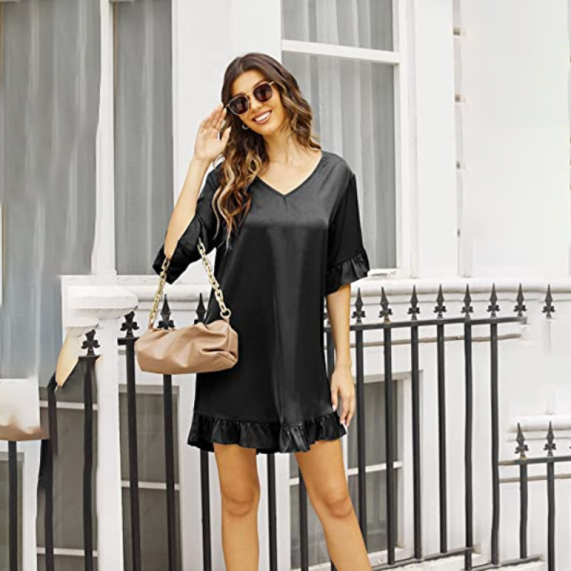 Satin Nightgown Women V Neck Silk Sleepwear 3/4 Sleeve Nightshirt Loose Smooth Loungwear S-XXL